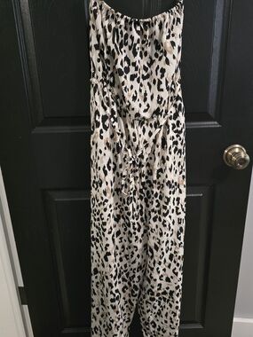 She + Sky Strapless Leopard-Print Jumpsuit in Beige and Black